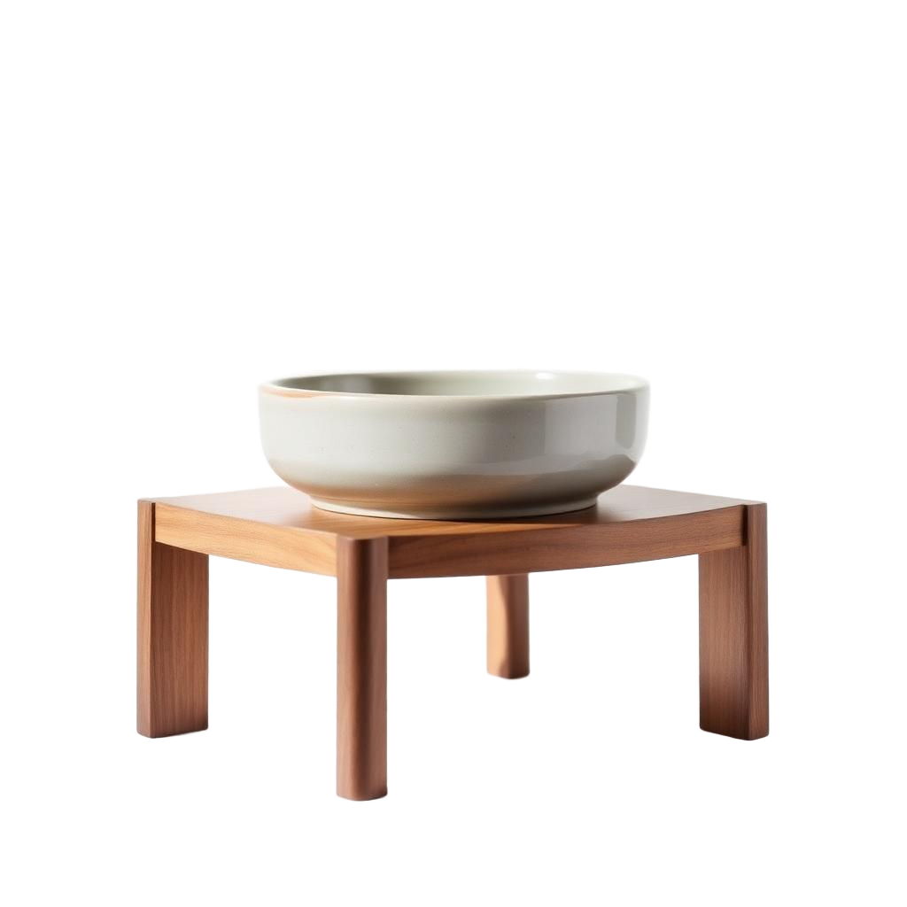 Terra elevated stoneware pet bowl on a walnut stand